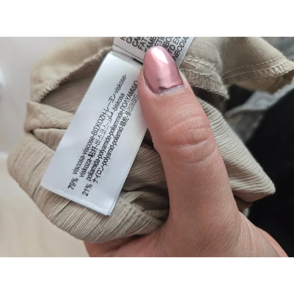 Zara Tan Beige Textured Pull on Wide Leg Drawstring Pants Relaxed Boho Beach